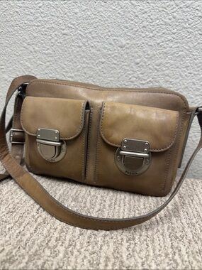 Vintage Fossil Brown Leather Double-Pocket Crossbody Bag